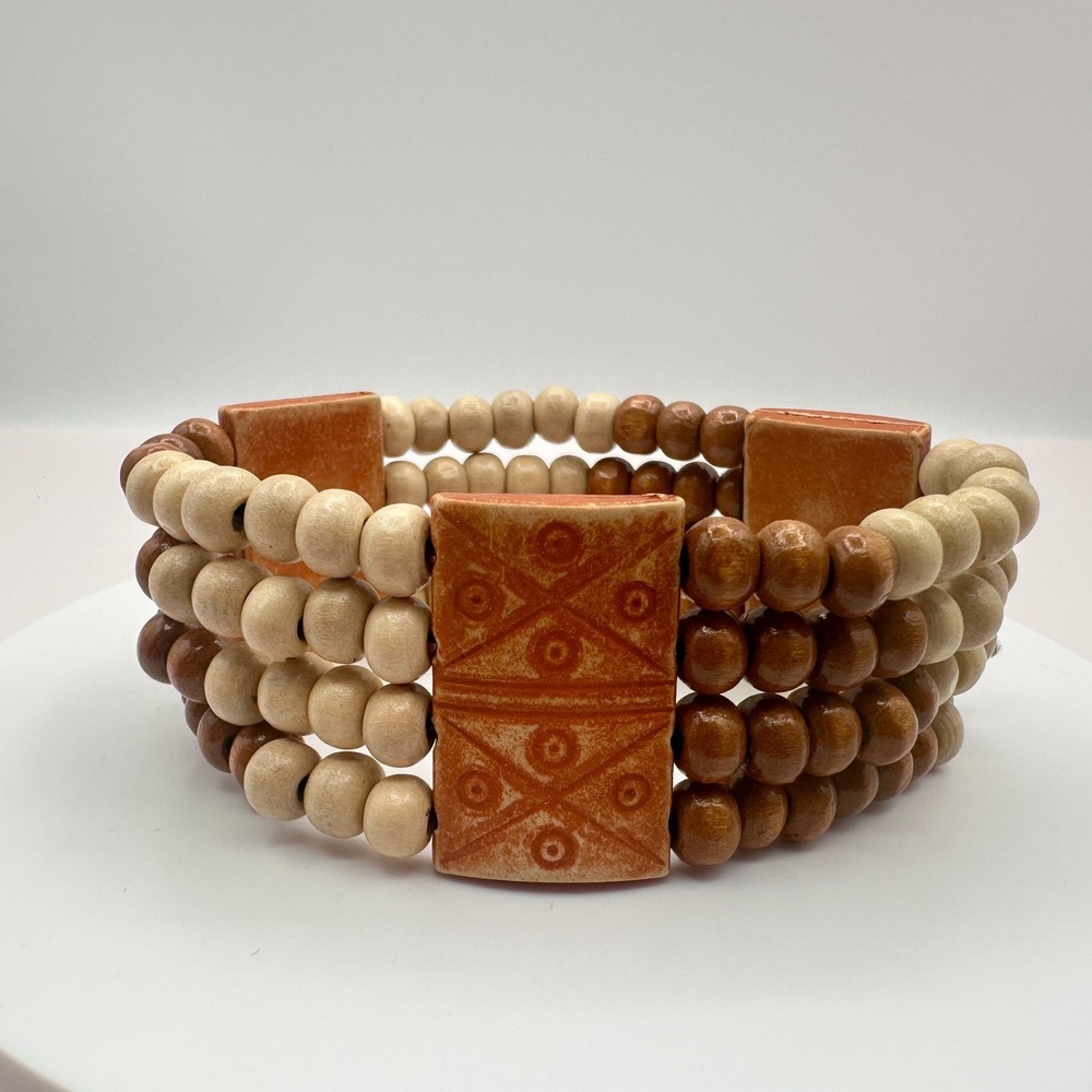 Vintage 80s Tribal Wood Bead Wrap Bracelet with Ceramic Tile - Brown